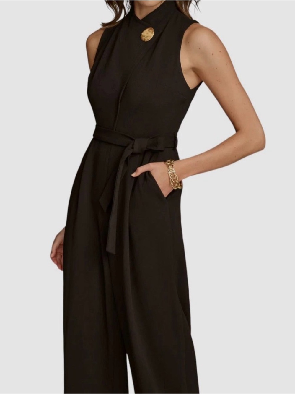 Donna Karen New York Sleeveless Black Mock Neck Belted Wide-Leg Jumpsuit. NWT